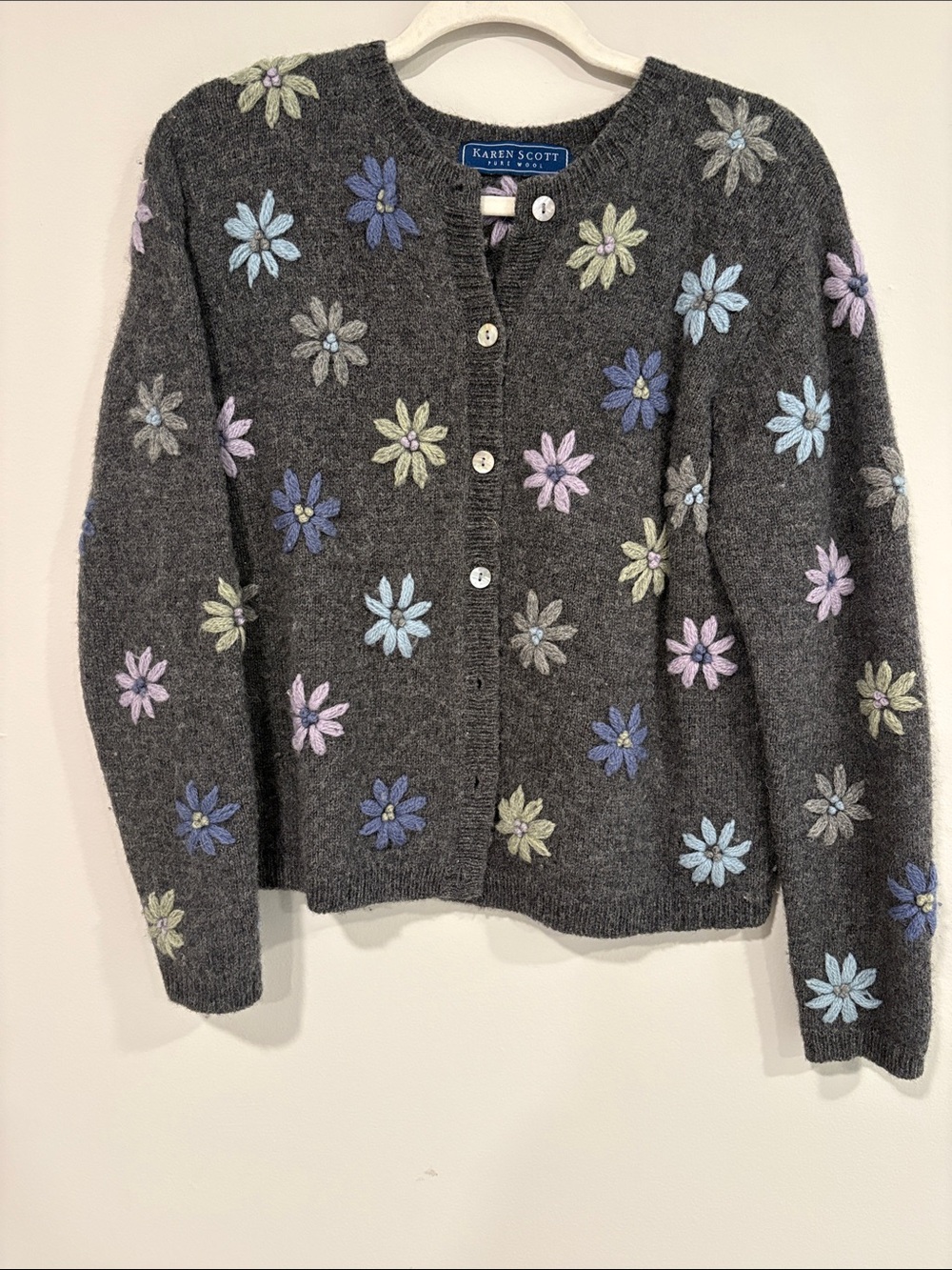 Karen Scott Charcoal Floral Embroidered Cardigan with Pastel Blooms